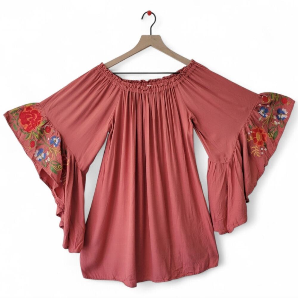 Umgee Floral Embroidered Bell Sleeve Mini Dress Tunic Size Small Orange
